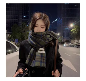 Korean style soft imitation cashmere plaid scarf for women, winter colorblock warm neckerchief.