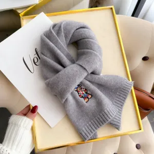 Grey knitted wool scarf with cute bear embroidery for winter warmth and couples daily wear.