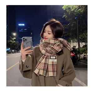 Korean style soft imitation cashmere plaid scarf for women winter warm neck wrap