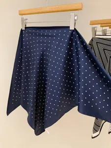 Navy blue polka dot satin scarf, elegant triangle hair band, vintage neck wrap for women chic.