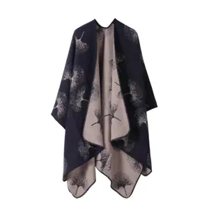 Elegant women's ginkgo leaf patterned knit cape shawl, perfect for autumn casual styling.