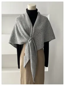 Grey wool blend triangular scarf and shawl for women, stylish knotted design for winter warmth.