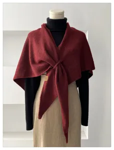 Cozy burgundy wool blend triangle scarf shawl, warm autumn winter wrap for women's stylish daily wear.
