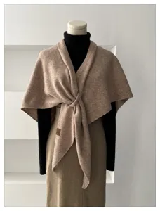 Wool-blend knit triangular scarf shawl, stylish knotted winter warm neck wrap for women.