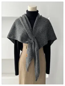 Grey wool triangular scarf shawl detail view, stylish knot wrap for women autumn winter.