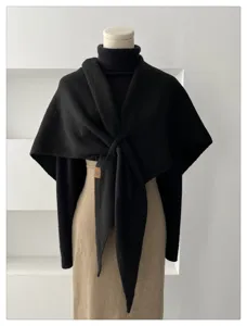 Women's black wool knit triangular scarf autumn winter warm solid color cozy shawl wrap