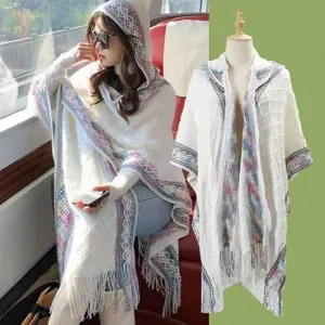 Women Knitted Hooded Shawl Ethnic Fringe Cape Cardigan White Fashion Winter Poncho
