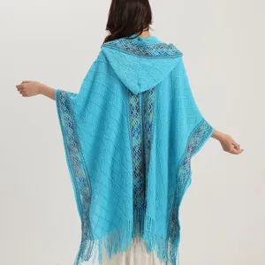 Women hooded knitted poncho stylish blue ethnic fringe cape elegant casual travel outerwear