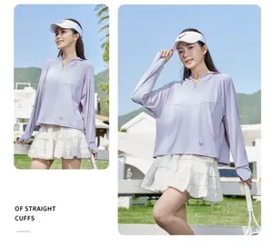 Detail view of the lightweight sun protection hoodie in light purple with straight cuffs design.