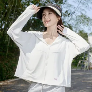Women lightweight summer sun protection hoodie jacket, breathable outdoor UV shield top white.