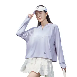 Lightweight lavender sun protection hoodie for women, stylish summer UV blocking outdoor jacket.