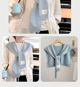 Solid color knitted shawl scarf for women and men, stylish autumn cozy office cape wear.