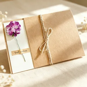 Handcrafted retro kraft paper greeting card with purple flower detail for events.