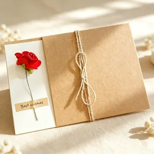 Detail of retro kraft paper greeting card with 3d red rose flower and rustic jute twine tie.
