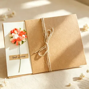 Handmade vintage kraft paper greeting card with 3D flower and twine for special events.