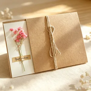 Detailed close-up of vintage handmade kraft paper greeting card with dried flowers.