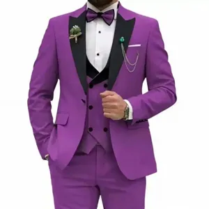 Men's purple 3-piece suit slim fit wedding tuxedo with black lapel and bow tie variant.