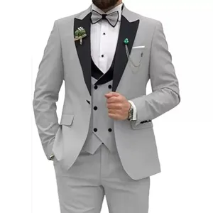 Men's Light Gray Three-Piece Suit Slim Fit Wedding Tuxedo Set with Black Lapels.