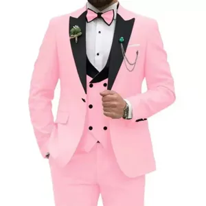 Men pink 3-piece suit slim fit wedding party formal wear stylish jacket vest trousers set