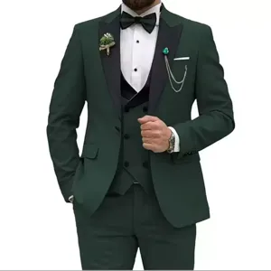 Men's dark green three-piece tuxedo suit slim fit wedding party formal wear variant