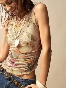 Womens fall sleeveless mesh floral tank top casual slim fit high neck stylish chic apparel.