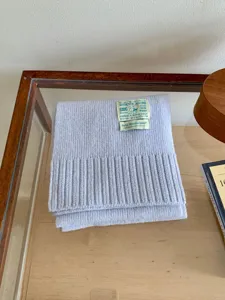 Écharpe en tricot de laine bleue douce et confortable avec étiquette vintage pour l'hiver.