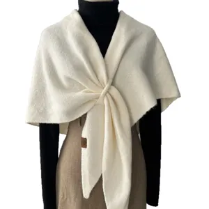White knitted triangular scarf women winter warm wool shawl elegant crossover design main view