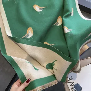Emerald green winter knit scarf with cute bird patterns and fringe, soft warm shawl for women.