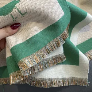 Women's winter green bird pattern knitted scarf thick warm cashmere-feel tassel shawl wrap