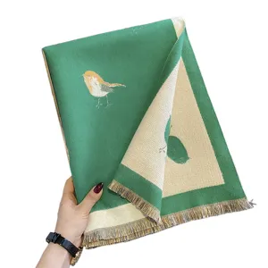 Green bird woven scarf shawl, winter warm imitation cashmere fringe blanket for women.