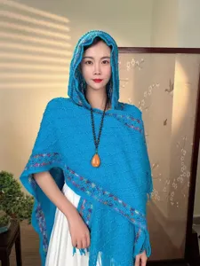Women hooded knitted shawl ethnic style cape winter warm fashion tassel elegant outerwear