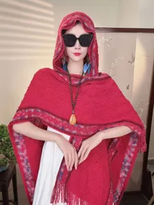 Women hooded knitted shawl ethnic boho fringe cloak stylish warm travel outerwear accessory.