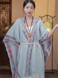 Women ethnic hooded knitted shawl versatile travel cape stylish casual warm outerwear item
