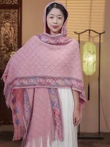 Women's pink knitted hooded shawl with tassels, versatile ethnic style cape for travel.