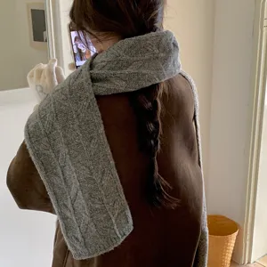 Grey cable knit winter scarf for women, thick warm retro casual neck warmer accessory.
