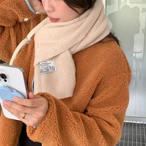 Cozy beige knit scarf for women, soft winter warm stylish solid color neck warmer.