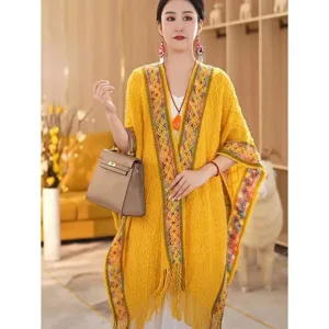 Women ethnic style knitted shawl cape yellow fringed poncho open front winter outerwear layer