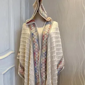 Women hooded knitted shawl ethnic style cape cozy winter warm tassels outerwear elegant fashion