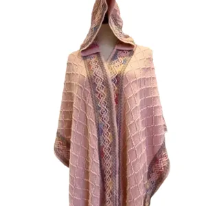 Women pink hooded knit poncho shawl ethnic geometric pattern versatile cozy travel outerwear