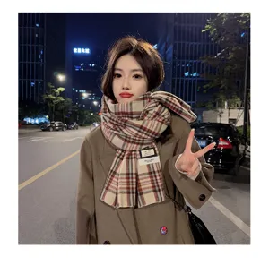 Korean style soft imitation cashmere plaid scarf for women, cozy winter color block warm wrap.