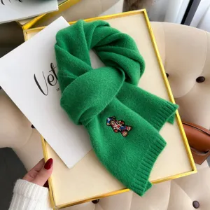 Green knitted wool scarf with cute little bear embroidery, warm winter neck warmer for couple.