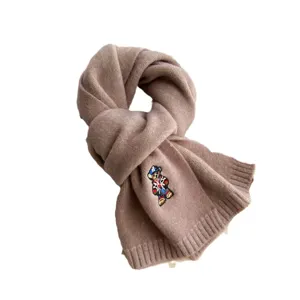 Knit wool winter scarf with cute bear embroidery, warm and cozy couple neck warmer for cold weather.