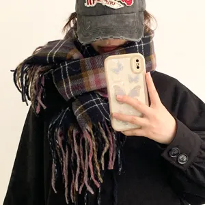 Cozy winter plaid scarf for women, soft cashmere-feel tartan wrap, warm chic neck warmer.