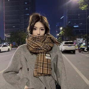 Korean style soft imitation cashmere plaid scarf for women winter warm grid neck wrap