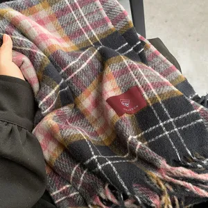 Winter women's plaid cashmere-feel scarf, classic multi-color pattern, cozy warm winter shawl.