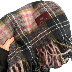 Winter plaid cashmere-feel scarf with fringe, soft warm cozy women's fashion shawl wrap accessory.
