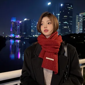 Sciarpa in maglia rossa invernale calda e spessa in stile coreano da donna, scaldacollo.