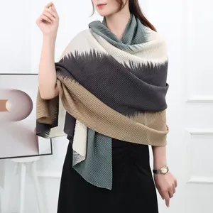 Gradient pleated scarf and shawl for women, soft cotton linen material, elegant neckwear accessory.