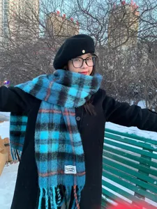 Blue plaid mohair winter scarf for women, thick warm cozy oversized tartan neck wrap stylish.