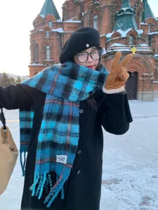 Blue plaid winter scarf for women, thick cozy mohair neck warmer, stylish Korean street style.